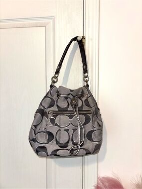 Coach Signature Drawstring Shoulder Bag in Gray and Black